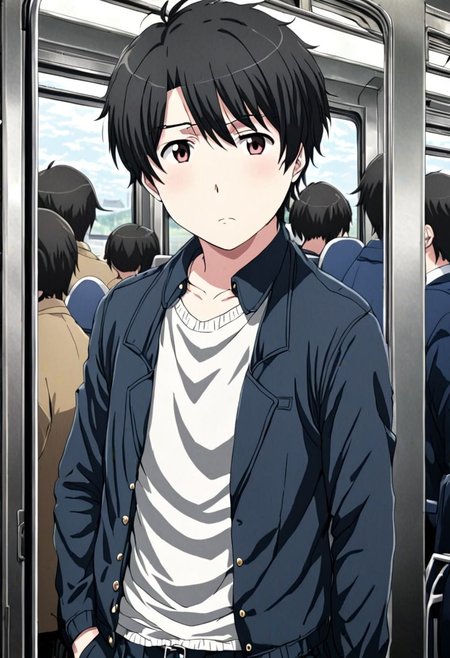 high resolution, solo, best quality, 1Boy, Inaho Kaizuka, Black Hair, train, inside train, OverallDetail