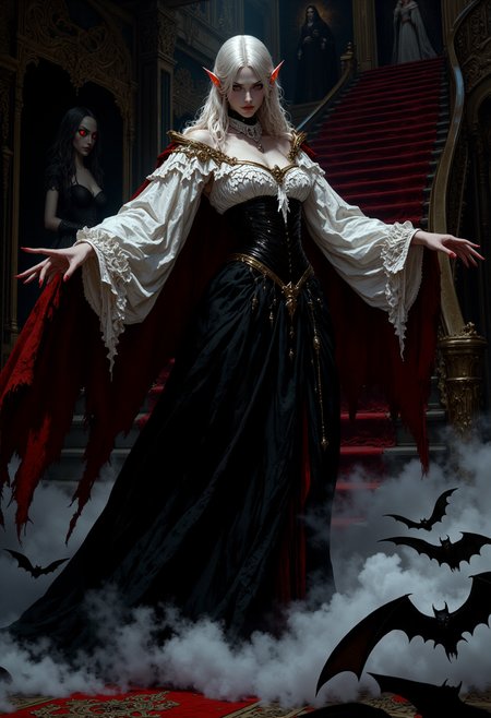 A vampiric figure, standing in an imposing, gothic interior, likely the grand staircase of a dark, aristocratic mansion. The character exudes an air of elegance and supernatural power, with pale, porcelain-like skin and flowing white hair cascading down her back. Her pointed ears and red eyes confirm her vampiric nature, and her fangs are subtly visible, adding to the sense of danger.
She wears a refined outfit: a ruffled white blouse with voluminous sleeves, combined with a dark corset and a flowing black skirt, adorned with a deep red cape that adds a regal touch to her appearance. Her posture is poised, with her arms raised as though she is conjuring or commanding the dark mist swirling around her. The shadowy fog at her feet envelops the scene, from which black bats are emerging, flying into the air as if summoned by her will. These bats further enhance the gothic and supernatural atmosphere of the scene.
The setting is dimly lit, with the red carpeted stairs and shadowy portraits on the walls contributing to the haunting and aristocratic ambiance. The image evokes a sense of dark beauty and mystery, portraying the character as a powerful, enigmatic vampire, possibly the matriarch of this eerie and grand domain. <lora:FluxMythP0rtr4itStyle:0.6> <lora:flux.1_lora_flyway_Epic-Characters_v1:0.6> <lora:Elden_Ring_-_Yoshitaka_Amano:0.33>