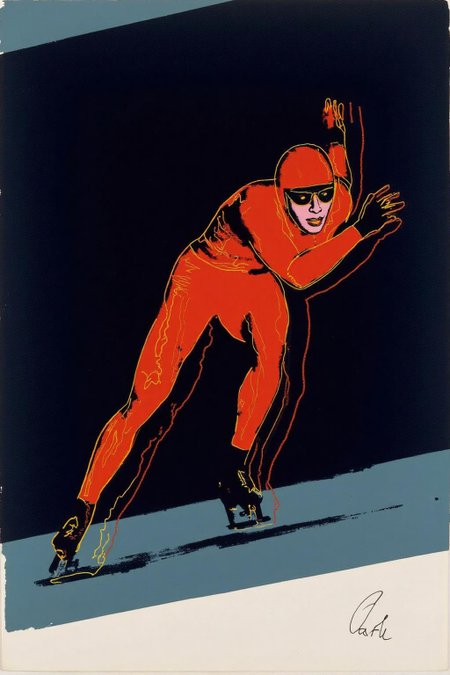 andywarhol1 illustration.
A speed skater racing, posed dynamically. The figure is orange-red against a dark background. <lora:andywarhol1_cap_d6a3:1.0><lora:836293981798393697:0>