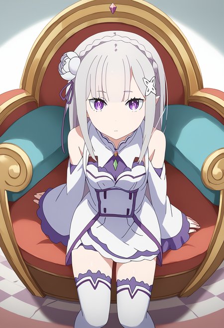 score_9, score_8_up, score_7_up, source_anime,
BREAK
1girl, solo, 
 <lora:shiEmiliaV2:1> shimilia, long hair, grey hair, purple eyes, pointy ears, crown braid, hair flower, hair ribbon, purple ribbon, x hair ornament, white dress, cleavage, bare shoulders, wide sleeves, white thighhighs, thigh boots,
<lora:shiFisheyeV1:1.0>, shifisheyedoor, fishdoorpov, fisheye,
looking at viewer, expressionless,