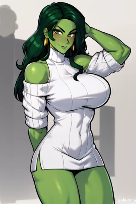 she hulk(marvel) ,1girl, bangs, bare_shoulders, blush, breasts, earrings, eyebrows_visible_through_hair, jacket, jewelry, large_breasts, looking_at_viewer,  off_shoulder, long hair ,green hair , green eyes,green skin, smile, solo,open sweater, turtleneck,red sweater:1.3,ribbed sweater,  upper_body, <lora:she hulk:0.8>