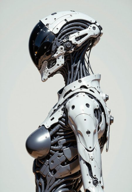 in the style of artics, highest details, ultra hyper realism. highly detailed and realistic. intricate and highly professional artwork, an absolute masterpiece.

hyper realistic and highly detailed close up photo of a female cyborg in a silver suit, zbrush central contest winner, perfect android woman, sleek robot, busty,  Jingna Zhang, body made of chrome and glass, style of Karol Bak, dynamic side view medium shot, cyber , very futuristic clothing and see through helmet, realistic reflections, scifi art, pastel grey background.
