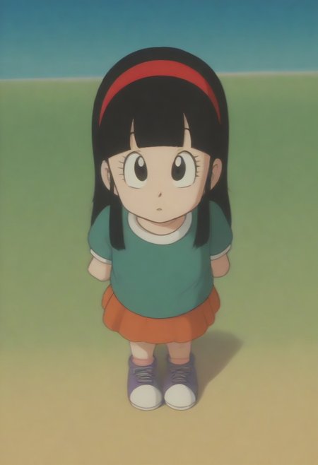 score_9, score_8_up, score_7_up, source_anime, 1girl, chi-chi, black eyes, black hair, long hair, hime cut, blunt bangs, sidelocks, flat chested, cute, young, petite, small body, orange-ruffled or pleated skirt, green puffy-sleeved shirt, white collar, cuff bands, white and lavender sneakers, orange shoelaces, red ribbon headband, standing, outdoors, mountain shore, lake, full body, front view, from angle, drgbls1