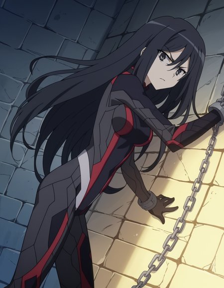 score_9, score_8_up, score_7_up, source_anime, <lora:shutaura-sequenzia-movie-ponyxl-lora-nochekaiser:1>, shutaura sequenzia, long hair, black hair, black eyes, hair between eyes, anime screencap,, bodysuit, black bodysuit, pilot suit, dungeon, stone walls, chains, torches, dark, , from side, looking at viewer, solo,, dutch angle, cowboy shot