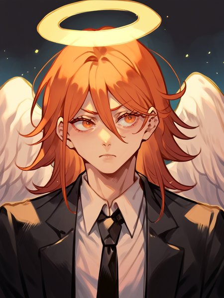 score_9, score_8_up, score_7_up, score_6_up, score_5_up,  <lora:HCXLP:1> hc,  <lora:4ng3ld3v1lXLP:1> 1boy, halo, 4ng3ld3v1l, orange hair, angel wings, suit, black necktie