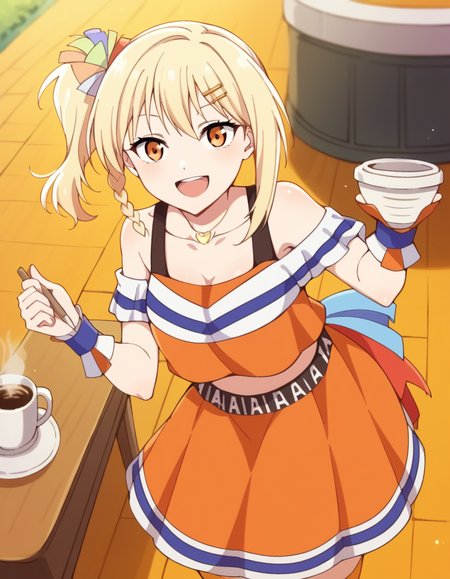 score_9, score_8_up, score_7_up, source_anime, <lora:ai-miyashita-saikou-heart-mv-ponyxl-lora-nochekaiser_r1:1>, ai miyashita, bangs, blonde hair, hair ornament, orange eyes, braid, sidelocks, medium hair, side ponytail, orange eyes, french braid,, skirt, thighhighs, jewelry, collarbone, necklace, off shoulder, tank top, wristband, cheerleader, pom pom (cheerleading), orange skirt, gyaru, heart necklace, cafe, coffee, table, chairs, casual, smile, from above,, looking at viewer, solo,, dutch angle, cowboy shot
