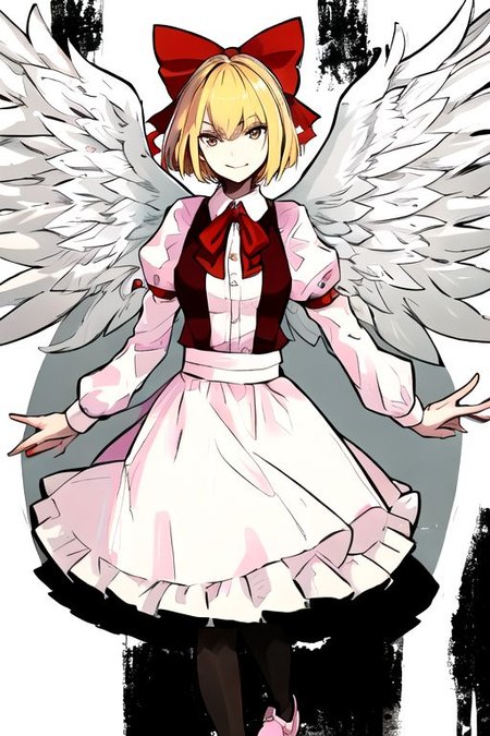 solo_focus, 1girl, ((white background, simple background)):2, (((masterpiece))), ((best quality)), ((ultra-detailed)), high resolution, absurdres, highres, ultra-detailed 8k unity wallpaper, 
solo, 1girl, gengetsu, 
arcueid_\(tsukihime\), 
solo, 1girl, smile, short_hair, shirt, breasts, blonde_hair, bow, long_sleeves, skirt, ribbon, dress, yellow_eyes, hair_bow, thighs, collared_shirt, red_bow, wings, vest, bowtie, black_pantyhose, red_vest, pink_shirt, red_bowtie, feathered_wings, pink_dress, open_vest, white_shirt_white_skirt, white_shoes, blonde_short_hair, red_head_bow_ribbon, one_piece_head_bow_ribbon, bow_ribbon, white_angel_wings, white_drees, brown_vest, wear_outside, twin_wings,