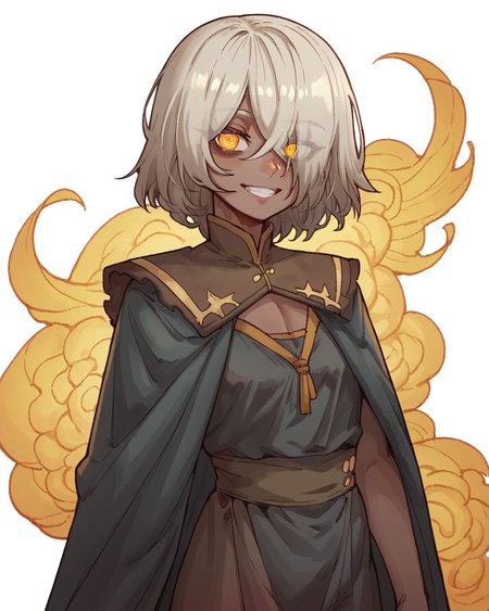 score_9, score_8_up, score_7_up, source_anime, 1girl, white background, standing, smile, dark skin, white hair, yellow eyes, solaria_(ebonyxh),  <lora:solaria_ebonyxh:0.9>