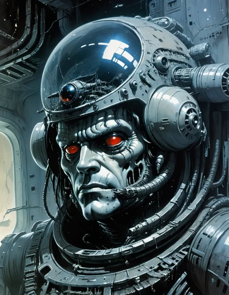 "Close-up, front-facing view of a scavenger, his face reflecting horror, within the chilling confines of a derelict space station. Sharp contrasts, lavishly intricate, drawing from H.R. Giger", surrealism, weird and pissed off, oil on canvas, dry brush, <lora:John Berkey Style:0.9>, John Berkey Style