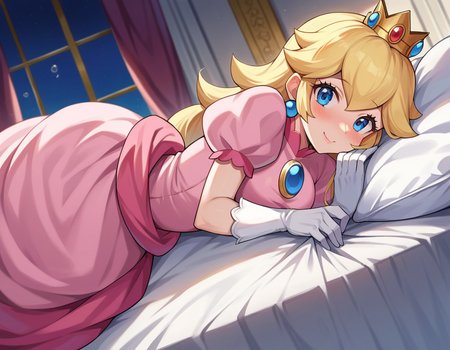 score_9, score_8_up, score_7_up, source_anime,
princesspeach, <lora:princess-peach-chibi-ponyxl-lora-nochekaiser:1>
princess peach, blonde hair, blue eyes, long hair, smile,
crown, dress, gem, gloves, pink dress, puffy short sleeves, puffy sleeves, short sleeves, white gloves,
indoors, bed, bed room, on side, blush, drunk,
looking at viewer, dutch angle, cowboy shot