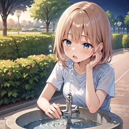 score 9,score_8_up,score_7_up,park,1girl,woman 
 <lora:drinking_fountain:0.8> drinking_fountain ,drink_water,  open mouth, drinking, faucet,
BREAK outdoors, park, night time, sweaty,