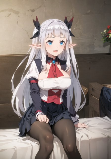 masterpiece, best quality, 1 girl, large breasts, bed,  <lora:rurushiIsekaiNonbiri_v10:0.8>, ruu rurushi, pointy ears, blue eyes, long hair, fang, two side up, pleated skirt, (black skirt:1.6), red ascot, long sleeves, red pantyhose, ascot, black hairband, elf, puffy sleeves, blunt bangs, white hair, ribbon
