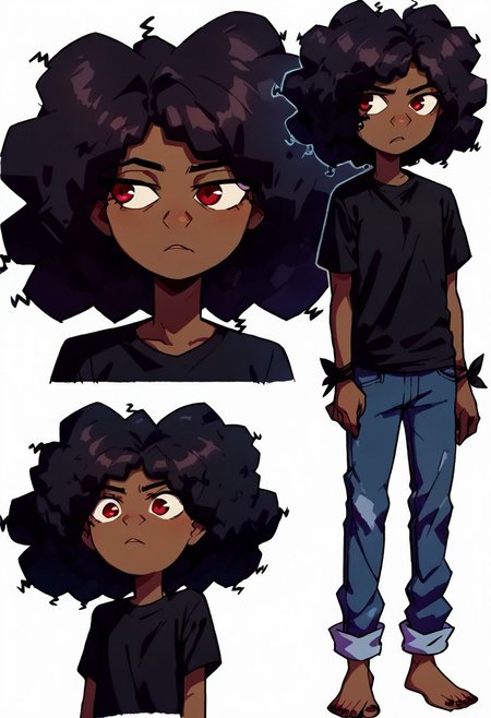 score_9, score_8_up, score_7_up, 1girl, solo, cartoon,
easynegative, conceptart, multiple views, full body, profile pictures, white background, simple background,  , simple background, 
brown skin, red eyes,  curly black hair, massive afro, short female,cuffed grey jeans, black T-shirt, blue wolf-skin hood, two pieces black fabric tied around wrists,<lora:Wolf_AoW:1>, five fingers, perfect anatomy, flat chest, child