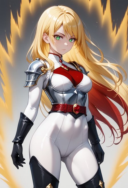 (masterpiece, best quality:1.2), 1girl, older female, solo, breasts, pants, armor, dark armor, white bodysuit, deep neckline, white bodysuit leggings, White leotard hair jewel, silver diadem, red jewels, belt, medium, gloves, cleavage, toned female arms, toned female legs, Angular facial features, grinning, Long hair, multicolored hair, two-tone hair, blonde hair, red hair, fire hair color, waist length hair, pale skin, glowing eyes, shining eyes, green eyes, sinister eyes,  slender female, , slender legs but toned legs, thigh boots, long sleeves, Super hero outfit, bodysuit, armor, cowboy shot, sexy pose, supersaiyanaura, power, aura, sharp aura, yellow aura, yellow hair, floating hair, Kipowerup