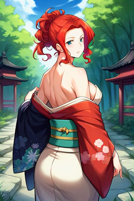 score_9, score_8_up, score_7_up, score_6_up, score_5_up, score_4_up, rating_questionable, , source_anime, digital illustration, pixiv, fanbox, uncensored, , BREAK, official art,
1girl, solo, mature female, alicia, red hair, blue eyes, tied hair, hair tied back, 
japanese clothes, kimono, japanese background, outdoors,, , blush, looking at viewer, cowboy shot,   <lora:Alicia_Magentano_Pony-10:0.8>