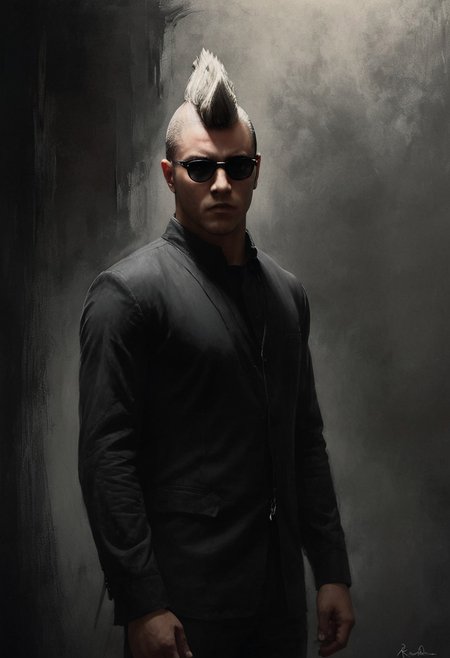 civitametapunkSDXL, 1boy, black mohawk hair, black suit, dark glasses, <lora:MattSchustyle3:0.1> MattSchu,  dark atmosphere <lora:Rafael_DeSoto:1.2> 1960s, Rafael DeSoto style, black and white photo, dramatic photo, low key light, Rembrandt Lighting style, Rembrandt shadow style, Black and white art, black pencil shading, charcoal drawing, toned paper, pencil drawing, brutal dark b/w color scheme