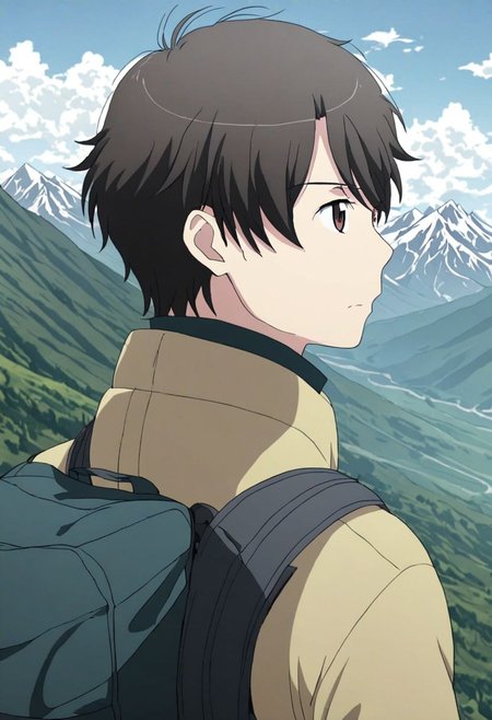 high resolution, solo, best quality, 1Boy, Inaho Kaizuka, Black Hair, Brown Eyes, landscape, upper body, look at the view behind, upper body, high mountain, hiking gear, , OverallDetail