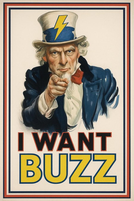 Generate a parody image of the famous 1917 World War I recruiting poster (Uncle Sam): Keep the original black, red and blue frame, and the background color is white. On the top center, Uncle Sam, wearing a blue-white  top hat with a big yellow lightning bolt printing, is looking at and pointing to viewer. The word "I WANT (black with red outline) BUZZ (yellow with blue outline.)" is on the bottom, all in capital letter. The word "BUZZ" is slightly bigger.