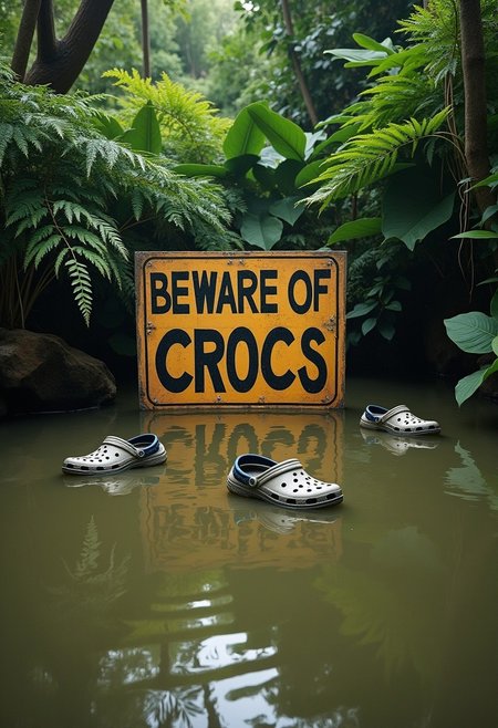 A jungle-like setting with dense green plants and ferns. A large murky pond reflects the greenery, and floating on the water are a couple of Crocs shoes, partially submerged as if they’re lurking. In the center, a sign reads, "BEWARE OF CROCS" in bold, capital letters.