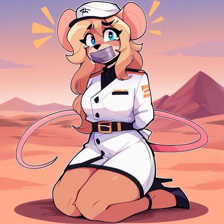 score_9_up, score_8_up, score_7_up, score_6_up, furry female, full-length portrait, by remanedur, ela novabay, female, furry, mouse, blue eyes, blonde hair, long hair, tail, white gloves, desert, headwear, (headgear), high heels, looking at viewer, hairclip, white naval uniform, (solo), three-quarter view, head tilt, tape gag, hands behind back, crying, tears, shocked, white clothing,   <lora:Leah_Pines(AIM)_XL_v1:1>,  <lora:PDXL_artist_tags_v2_big:0.8> <lora:The-Minuscule-Task_PDXL_v1.0:0.8> <lora:Ela_Novabay_WirelessShiba:0.15>