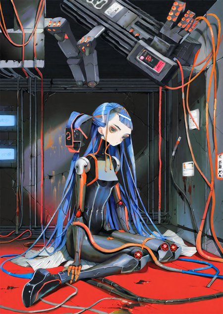 by yogisya, 
1girl,   sit on the ground   complex background long black straight hair mechanical arms red turtleneck tight
messy room, mainframes
tubes , wires 
Apocalyptic and post-apocalyptic fiction
shadows, dramatic lighting , gradient
  best quality, masterpiece,