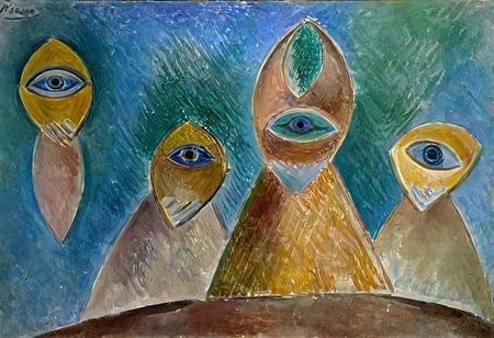p1c4ss0, seraphins, mystical creature with hundreds of eyes and wings, roswell alien with yellow christmas hat delivering presents with santa riding a ufo sleigh, 1908 Trois femmes