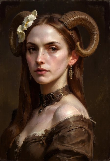 Dark-Fantasy-Cardd-V.2.0 style dark fantasy oil painting a portrait with detailed eyes that features  fair-skinned woman with long straight brown hair adorned with a white flower and ram's horns. She has large expressive brown eyes a small nose and full lips. She wears a brown off-shoulder dress with lace trim and lace choker. upper body from the side