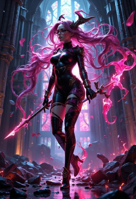 A striking image of Bayonetta, the powerful and seductive witch, in the midst of battle in a grand, ruined cathedral. She wears her iconic skintight, black bodysuit adorned with intricate patterns, her long legs accentuated by her high heels. Her glasses add to her sharp, alluring look, and her long, flowing hair is both her weapon and her crown. The shattered stained-glass windows cast colorful, fragmented light onto the scene, highlighting her as she strikes a confident, provocative pose, ready to unleash her next devastating attack.,  <lora:models\Flux\ARTifacts:0.64>, <lora:models\Flux\NeonFantasyFLUX:0.35> ne0nfant4sy, mythp0rt <lora:models\Flux\FluxMythP0rtr4itStyle:0.7>,, <lora:models\Flux\Hand v2:0.4>