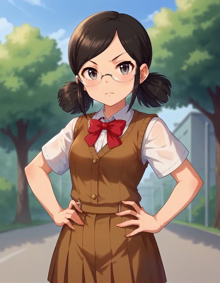 score_9,score_8_up,score_7_up,1girl,solo,cowboy shot,looking at viewer,outdoors,hands on hips,
<lora:saejimakiyomi_ponyXLV6:0.8>,cgsky,skyha,black hair,low twintails,grey eyes,glasses,
brown school uniform,red bowtie,brown vest,short sleeves