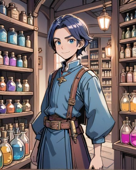 anime style, 1boy, man, Aesthetic, solo,  looking at viewer, solo,  (full body:0.6), detailed background, detailed face, (victorian theme:1.1), grin, presenting wares, shop owner, (light-blue:0.8)  merchant clothes,  pouches, belts, busy (medieval shop interior:1.1),     (shelves:0.8), selling wide variety of magic potions, fluorescent bottles, swirling bottles, colored glass containers,