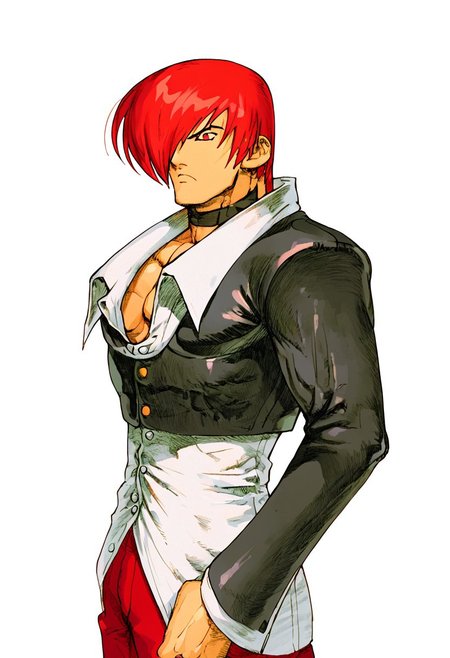 MVC2style, simple background, white background, upper body,  iori yagami, red hair, red eyes, chocker, red pants, black jacket, white shirt,<lora:MVC2Style_SDXL-000005:1.0>