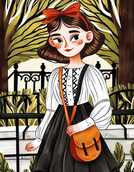 lz ptica illustration style, 
highly detailed, uhd image, intricate details, detailed, 8k, trending, amazing art,
1girl, solo, blush, smile, short hair, brown hair, dress, bow, hair bow, hairband, outdoors, bag, black eyes, red bow, tree, blush stickers, railing, 
 <lora:lz_ptica_illustration_xl:1>