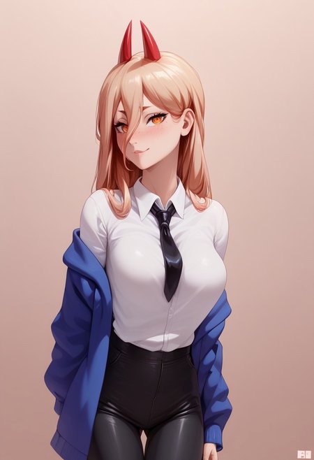 score_9,score_8_up,score_7_up, source_anime, 2.5D, Expressiveh, 1girl, whole face visible, whole body visible,
BREAK,
Power (Chainsaw Man), freckles, yellow eyes, cross-shaped pupils, blonde hair, long hair, red horns
BREAK,
collared shirt, white shirt, black necktie, blue jacket, (black pants), open jacket, off shoulder
BREAK,
shiny skin, perfect ass, small ass, medium breasts, perfect breasts, slender figure, short, small waist, 
BREAK,
girl looking at viewer, sexy, extremely horny, standing, thigh gap