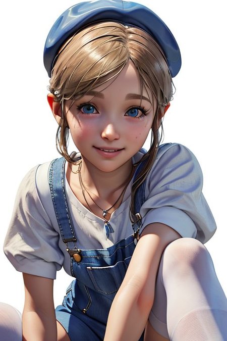 (best quality, masterpiece:1.2), chara-sheet, (photorealistic:1.2), Sherry Birkin, blue overalls, blue cabbie hat, white shirt, frilly sleeves, necklace, bracelet, white thighhighs, blue sneakers, smile, simple white background, , cinematic composition, extreme detail, beautiful face, cute face, detailed face, detailed background, sharp focus, bokeh