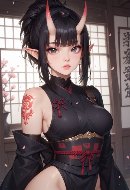 zPDXL3, score_9, score_8_up, score_7_up, 1girl, elf girl, horns, solo, 21year old, black hair, messy ponytail, fringe, black eyes, medium breasts, petite body, glossy skin,samurai spirit, oni mask, battle-worn armor, cherry blossoms, moonlit sky, scattered petals, ancient katana, glowing tattoos, looking at viewer, eye contact, dutch angle, warm light, godrays, volumetric lighting, vivid colors, painterly, glitch art photo,
