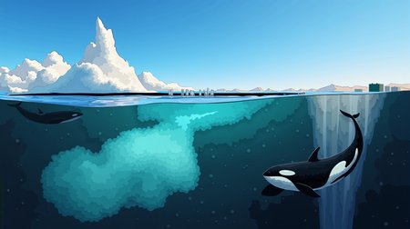 An enchanting scene capturing the Arctic wilderness. Above water, towering icebergs and expansive ice sheets under a clear, blue sky. Below water, a majestic Orca swims dynamically with power in the crystal-clear, icy waters of the Arctic Ocean. The artwork showcases the pristine, captivating beauty of the Arctic landscape both above and below the waterline. Oil painting, highly detailed and vivid colors, various shades of blue, and stunning light reflections. digital art, digital painting, matte painting.