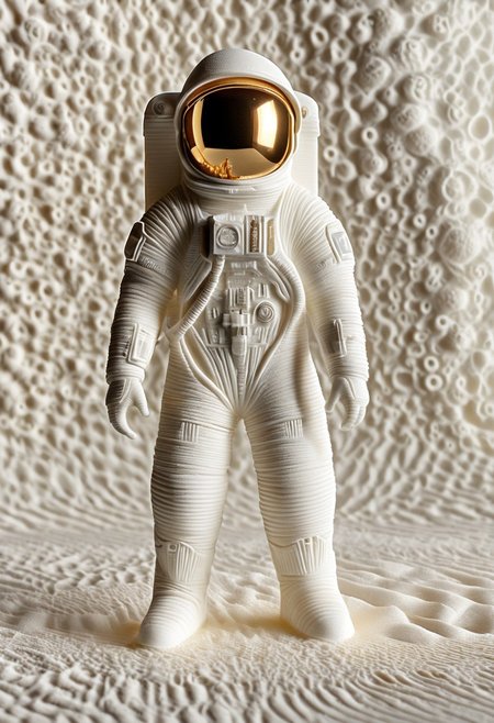 (WhiteMold), an astronaut standing next to his rocket ship, 3D printed, pla made, print grooves, pla filament, white plastic texture, enhanced textures, creative, beautiful, vibrant, masterpiece, 8k, Ultra HD, amazing details, amazing quality, amazing artist, sharp edges, detailed textures, full view, atmospheric lighting, amazing visuals