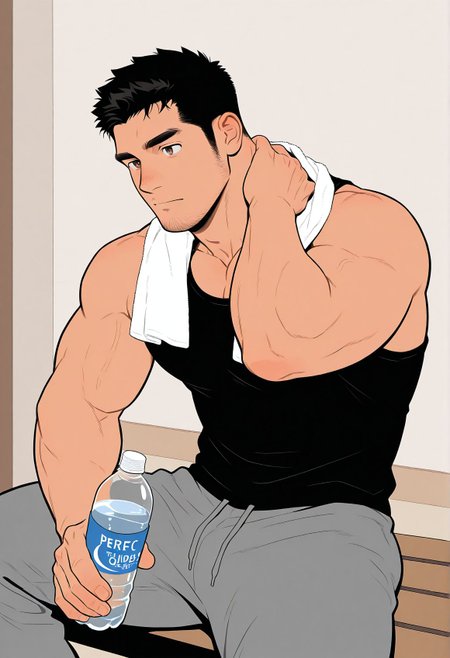 gym,indoors,(flat color:0.8),
1boy,bara,muscular male,stubble,brown eyes,black hair,long sideburns,
sitting on bench,hand on neck,towel around neck,black tank top,sweatpants,holding water bottle,
very awa,masterpiece,best quality,absurdres,newest,perfect quality,detailed background,intricate details,<lora:wwh-vc:0.8>,