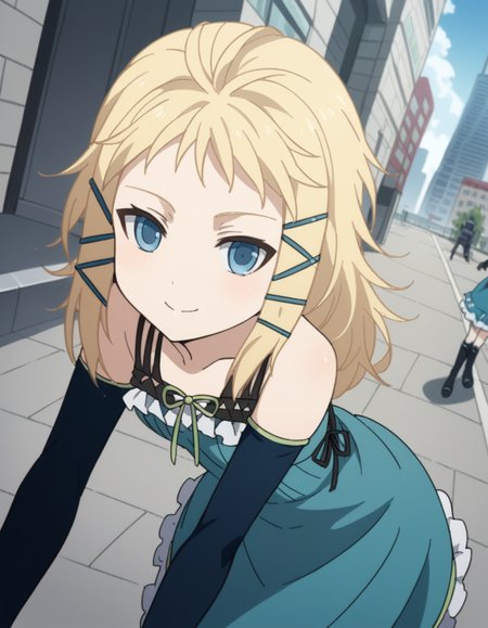 score_9, score_8_up, score_7_up, source_anime,
tinasprout, <lora:tina-sprout-s1-ponyxl-lora-nochekaiser:1>,
tina sprout, long hair, blonde hair, hair ornament, blue eyes,
gloves, dress, bare shoulders, frills, black gloves, elbow gloves, blue dress, frilled dress,
cityscape, street, smile, bent over,
looking at viewer, cowboy shot, solo, dutch angle