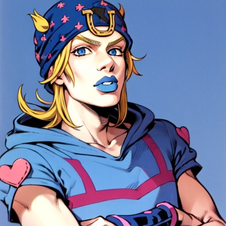hat, (masterpiece, best quality:1.1), portrait, 1boy, (19 yrs:1.1), johnnyjojo, blue eyes, solo, blonde hair, blue lips, simple background, halfbody  <lora:johnnyJoestarLora_v4:1.1>  <lora:TESTArakiHirohikoArt_v2:0.9> arakistyle artstyle, manga