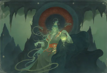Prompt: tianguan cifu, qi rong, highres, 1boy beads, border cave, chinese clothes, color contrast, colored skin, couch fire, green background, green border, green hair, green hanfu, green skin, green theme, hair beads, hair ornament, hanfu holding, holding lantern, lantern leaning to the side, long hair, long sleeves, looking at viewer, male focus, mouse \(animal\), ornate border, pointy ears, red eyes, red trim, skull, smile, snake, solo, stalactite, star \(symbol\), upper body, very long hair, white border, whorled flames,
Negative prompt: nsfw, worst quality, old, early, low quality, lowres, signature, username, logo, bad hands, mutated hands, mammal, anthro, furry, ambiguous_form, feral, semi-anthro, bad anatomy, bad proportions, extra limbs, extra digit, extra legs, disfigured, missing arms, too many fingers, fused fingers, missing fingers, unclear eyes, watermark, nail polish, nail, multicolored nails, speech bubble, ai-generated,
Size: 1216x832,
Seed: 3224210565,
Model: noobaiXLNAIXL_epsilonPred11Version,
Steps: 30,
Sampler: ,
KSampler: euler_ancestral,
Schedule: simple,
CFG scale: 4.5,
Guidance: 3.5,
VAE: Automatic,
Denoising strength: 0.25,
Clip skip: 2,
LoRA: mythforill-000207:0.95,
Hires resize: 1824x1248,
Hires steps: 20,
Hires upscaler: 4x-AnimeSharp