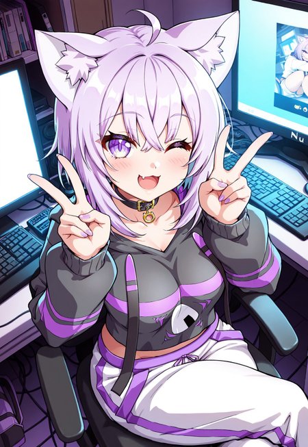 (masterpiece,best quality:1.3),1girl,

nekomata okayu (1st costume),

sitting,crossed legs,double v,smiling,wink,open mouth,looking at viewer,from above,

indoors,otaku room, desk,computer,gaming station,(soft lighting,volumetric shadows:1.2)