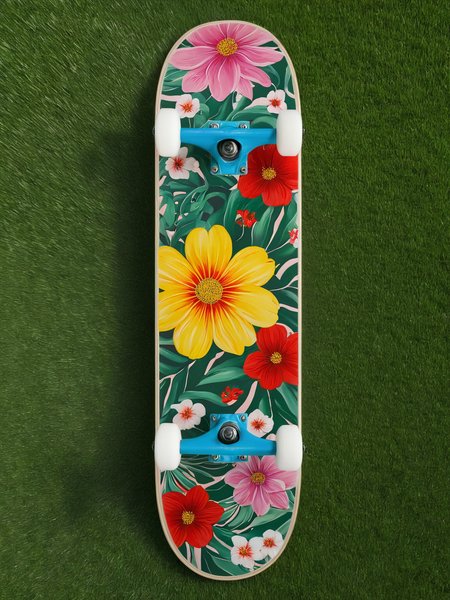 EdobSkate, skateboard decorated with elegant floral patterns, set against a background of a lush garden in full bloom <lora:EdobSkate_XL_v1.0:0.8>, best quality, uhd, 8k, detailed