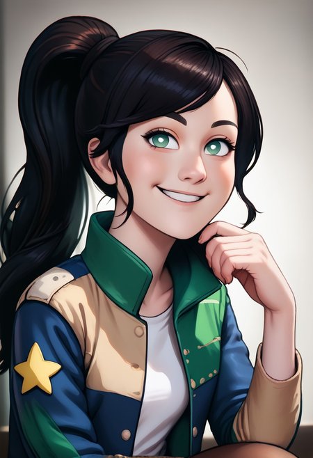 score_9, score_8_up, score_7_up, score_6_up, PRSNL_3_1,  uncensored, pupils black dots, realistic,
warm light, upper body,
hammiekyuranger,
solo, 1girl, jacket, black hair, pantyhose, smile, brown hair, long hair, ponytail, green eyes, floral print, star (symbol) skirt,