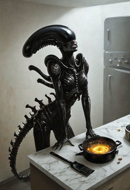 woman housewife with frying pan preparing big xenomorph eggs, xenoegg, satisfied, explains in the kitchen, High detail RAW color Photo, 8k, F2.8,