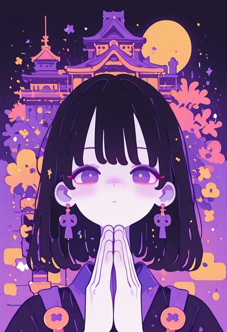 score_9, score_8_up, score_7_up, score_6_up, masterpiece, best quality, newest, absurdres, highres, traditional media, , 1girl, solo, Image is a close up digital fantasy artwork featuring female ninja character squatting high on a japanese castle wall. She has pale skin with black hair. She's wearing a ninja outfit with a ninja mask and katana on her back. In her hands is a bow. The background is of a japanese castle, full moon, laterns, japanese garden., from above, upturned eyes,
 <lora:murata_ill_v2:1>, close-up,portrait, eye focus, Colorful themes,High Saturation, haiz_ai, no lineart,no outline, <lora:ponyv6_noobE11_2_adamW-000017:0.3> <lora:MeMaXL4:0.8> <lora:veluflora-wai:0.35> <lora:haiz_ai_illu:0.7>