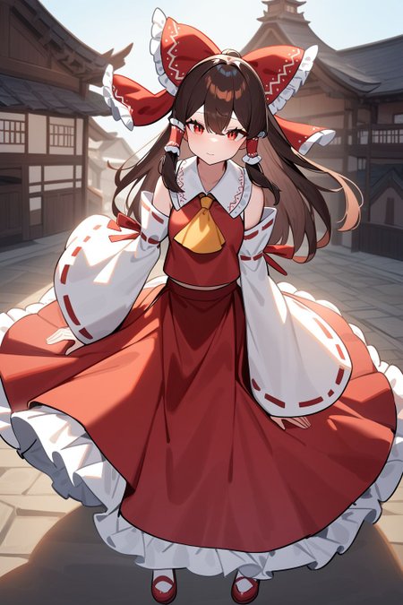 hakurei_reimu,1girl,solo,detached sleeves,bow,hair bow,red bow,brown hair,ascot,hair tubes,skirt,frills,red skirt,yellow ascot,wide sleeves,standing,frilled bow,red shirt,frilled skirt,ribbon-trimmed sleeves,architecture,sidelocks,frilled shirt collar,closed mouth,bare shoulders,red vest,long skirt,petticoat,nontraditional miko,hair between eyes,, <lora:hakurei_reimu XL:1>, Standing on the ground,frontal,front view,Positive por,masterpiece,best quality,very aesthetic,absurdres