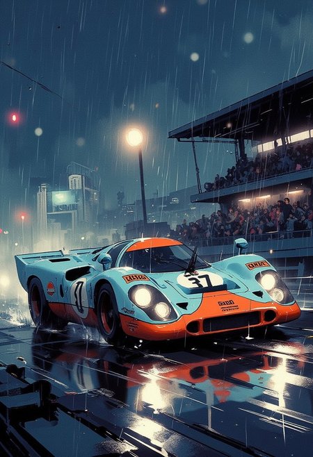 nvinkpunk, Special Ink-drawing mode, Mh1$AgThS2, intricate linework with expressive contrasts, a Porsche 917K, number 37, racing at night in the rain at Le Mans, powder blue and orange Gulf livery, spray, bokeh