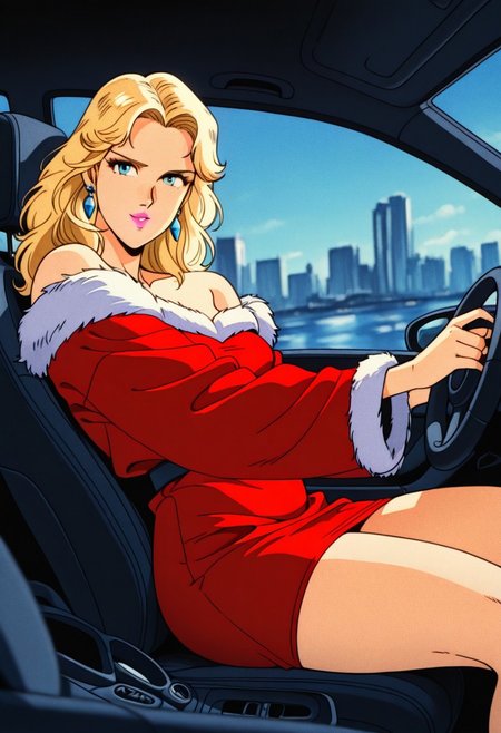 PerrineValleyMB, 1girl, solo, long hair, blonde hair, blue eyes, nose, eyelashes, pink lips, makeup, earrings,  collarbone, large breast, thick thighs, short red dress, fluffy white fur trim, fur cuffs, off-shoulder, shoes, high heels,
,seductive pose, sexy pose, tease, 
masterpiece, best quality, ultra-detailed, very aesthetic, detailed background, very aesthetic, newest, scenery, highres, 4k, absurdres, 8k, colorful,vibrant, glowing, perfect face, 2d, perfect eyes, detailed eyes, 
 masterpiece, best quality, ultra-detailed, very aesthetic, newest, scenery, absurdres, perfect anatomy, , perfect face, perfect eyes, mature body, clear eyes, beautiful eyes, athletic, curvy body, athletic girl, perky tits, perfect tits, round breasts, pinup pose, teasing, lustful expression,
muscular female, dutch angle,
car interior, car seat, seatbelt, steering wheel, driving, cinematic angle, 
,detailed eyes,Smooth Negative, highres, absurdres,   uncensored, retro_artstyle, retro, cyberpunk