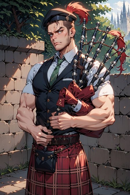 ultra-detailed,(best quality),((masterpiece)),(highres),original,extremely detailed 8K wallpaper,(an extremely delicate and beautiful), perfect,very aesthetic, absurdres,BREAK
1 lerge guy, solo ,serious,(guy playing bgpps),muscler, pectorals ,messy dark brown hair,very short cut,full forehead,thick eyebrows,narrowed_eyes ,long_sideburns,
gold trimed sleeveless_black jacket,short sleeve white collared_shirt,(plaid skirt:1.4),green loose necktie,black beret,plume,leather belt,belt buckle,white socks,bagpipes,
catsle,outdoor,cowboy shot,soft lighting,
 <lora:Bagpipes_-_Instrument_SDXL:1>, <lora:aesthetic_anime_v1s:0.8> ,